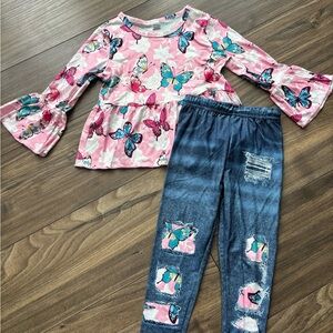 Pink Butterfly Top and Denim Patch Leggings Set